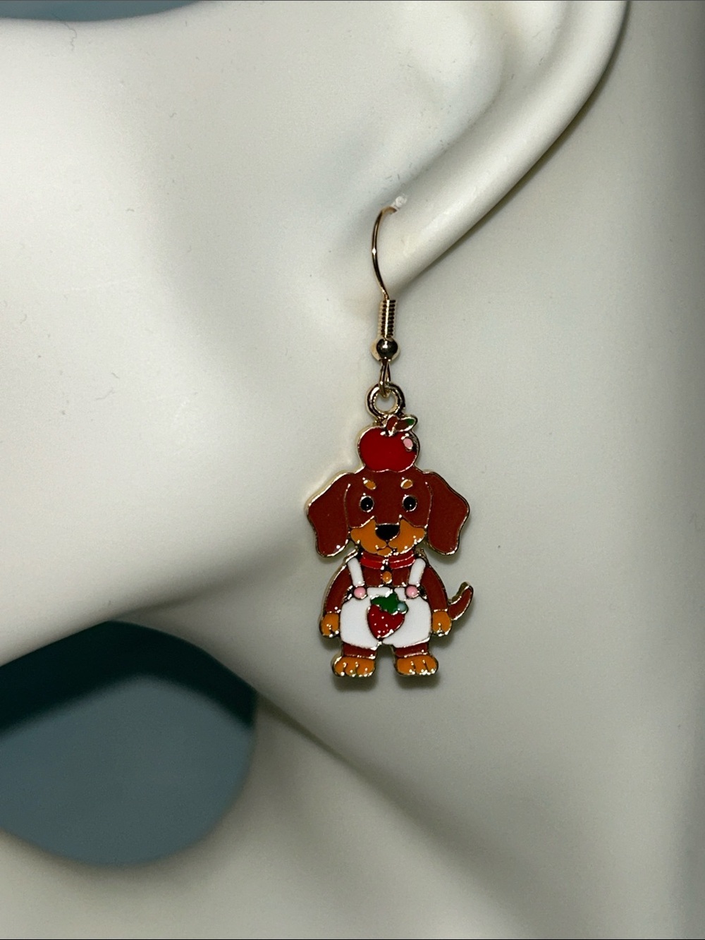Cute Brown Dog with Red Apple Enamel dangle Earring